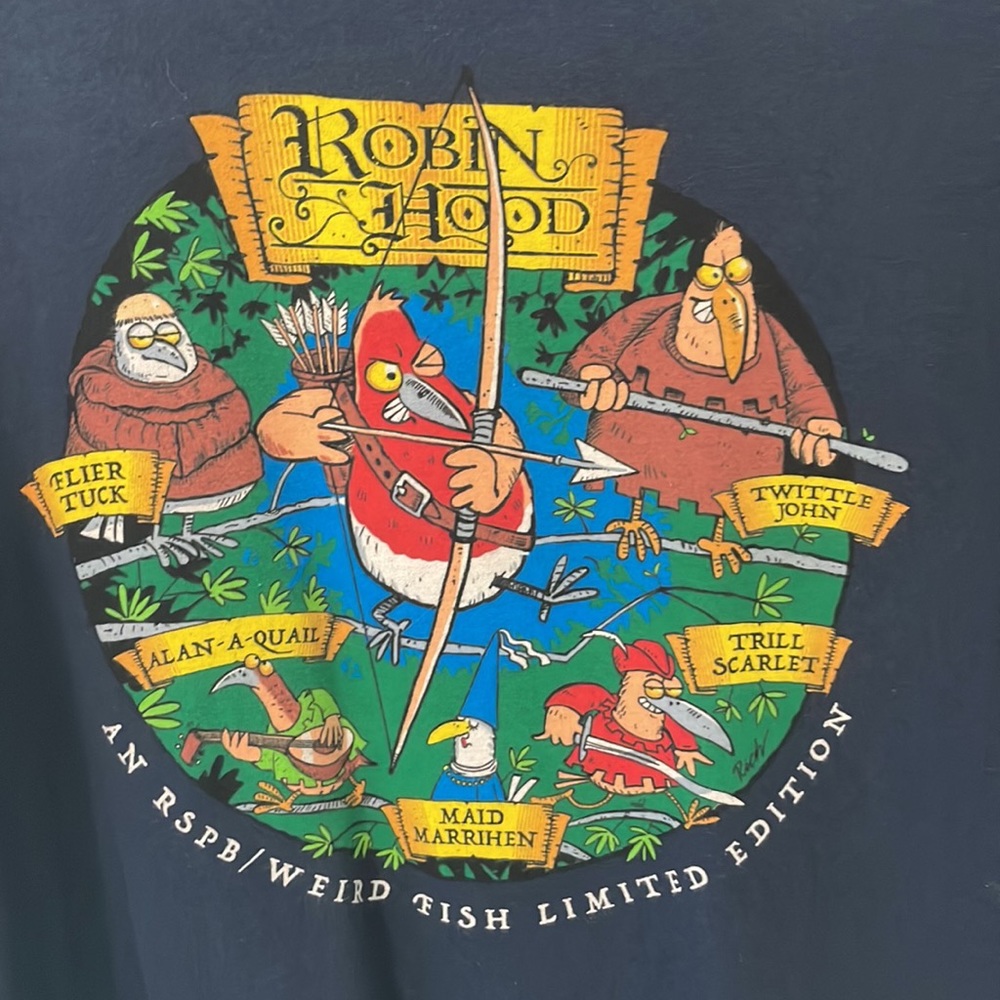 Weird Fish large blue funny t shirt Robin Hood birds limited edition